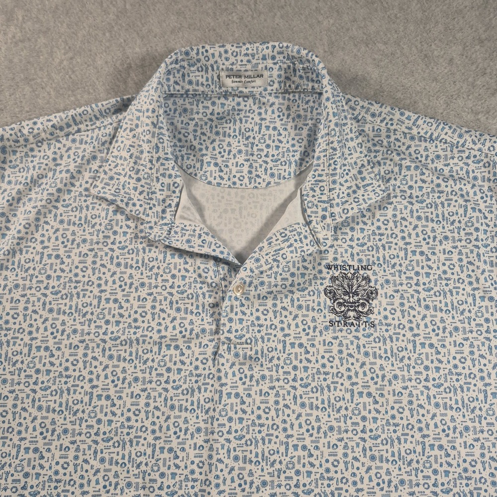 Peter Millar Mens Polo Shirt 2XL White Blue Greek Icon Print Performance Stretch